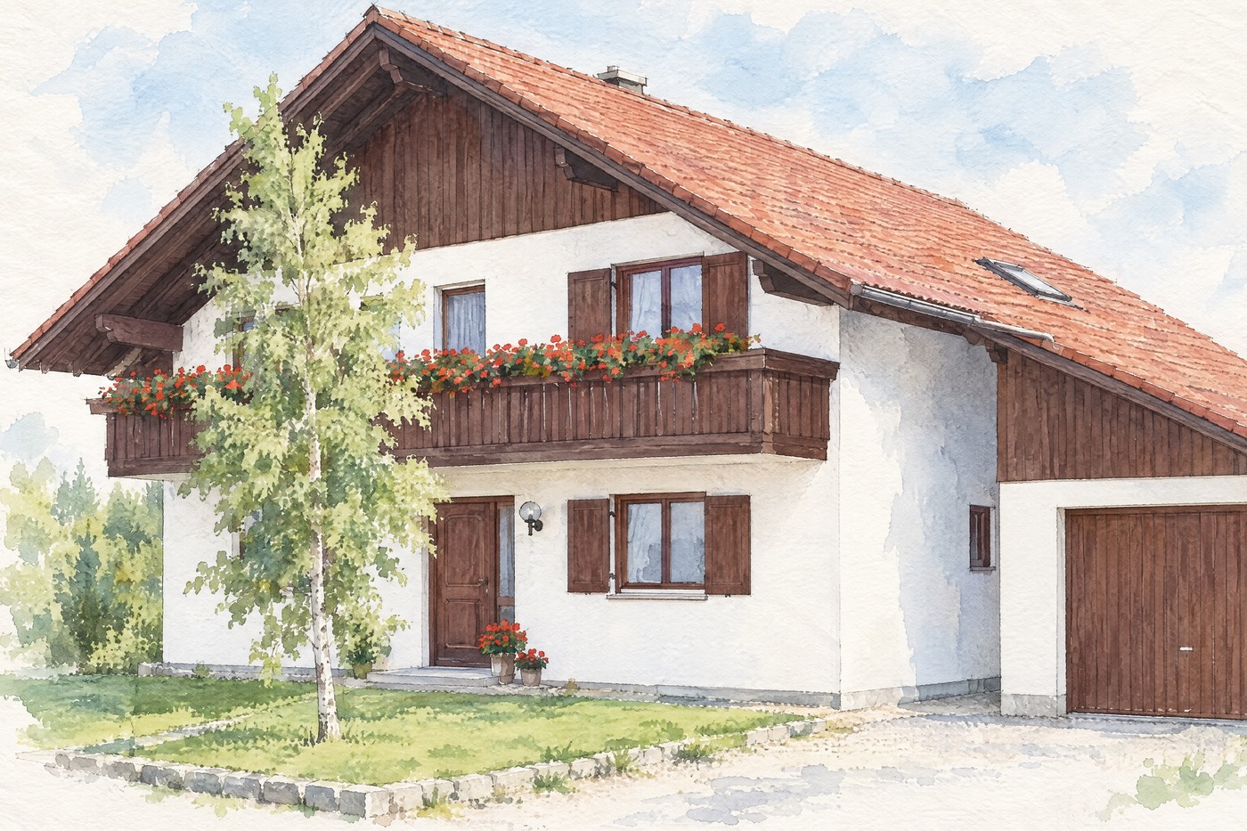 Aquarell desselben Hauses in frischen Farben, ohne Auto und Mülltonne