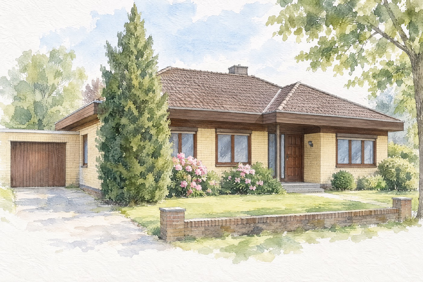 Aquarell desselben Bungalows mit freier Einfahrt