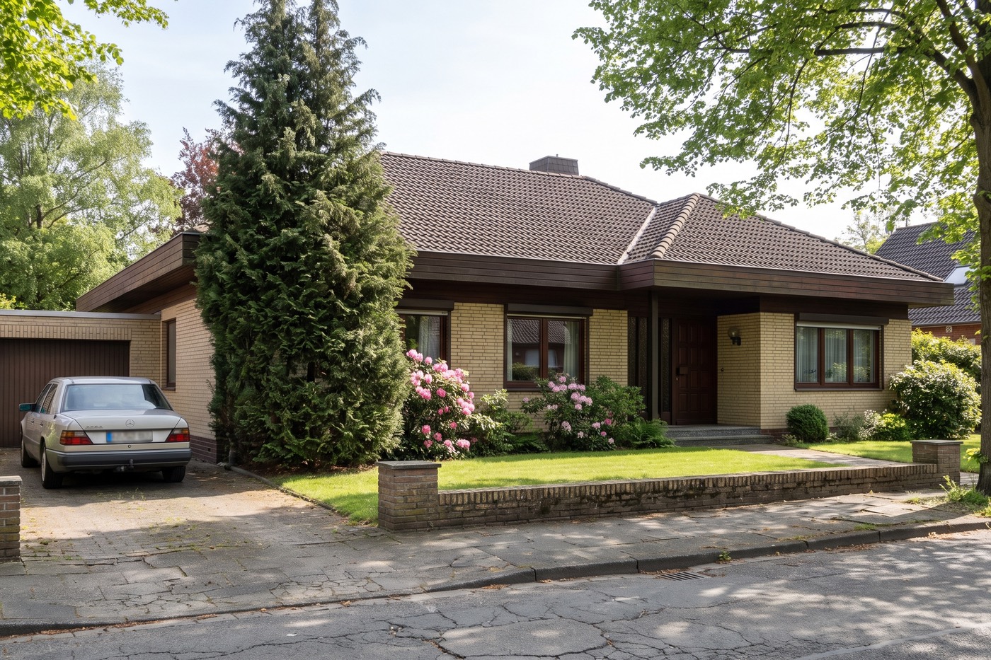 Foto eines Bungalows aus den Siebzigern mit gelbem Klinker und Walmdach, vor der Garage ein Auto