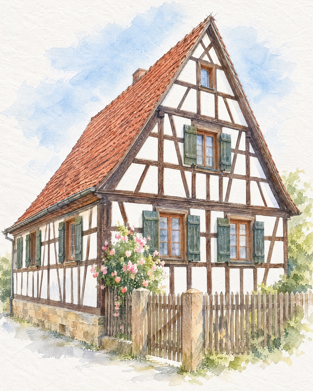 Aquarell desselben Fachwerkhauses, ohne Mülltonne und Fahrrad