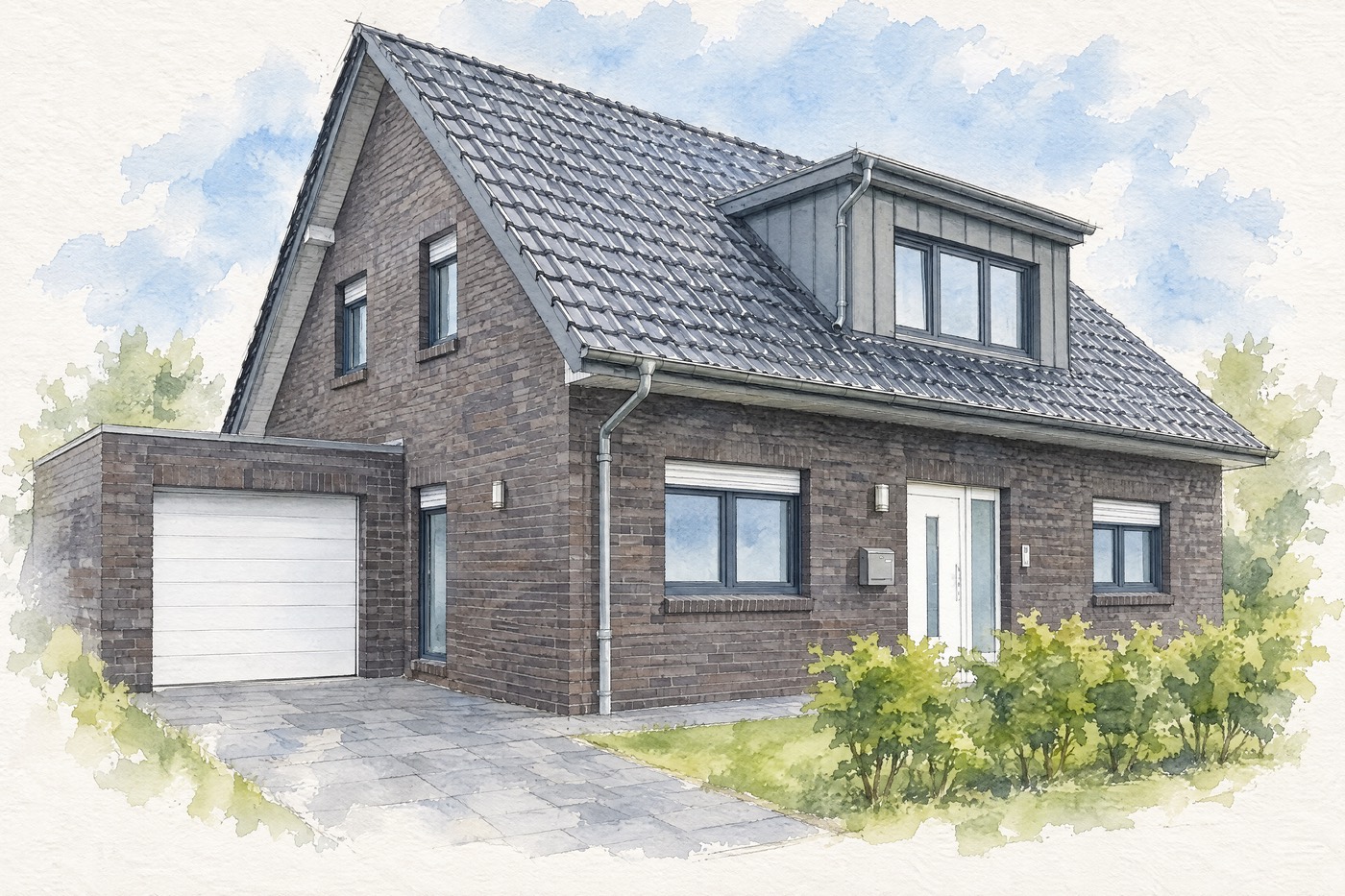 Aquarell desselben Klinkerhauses ohne Mülltonnen und Paketbox