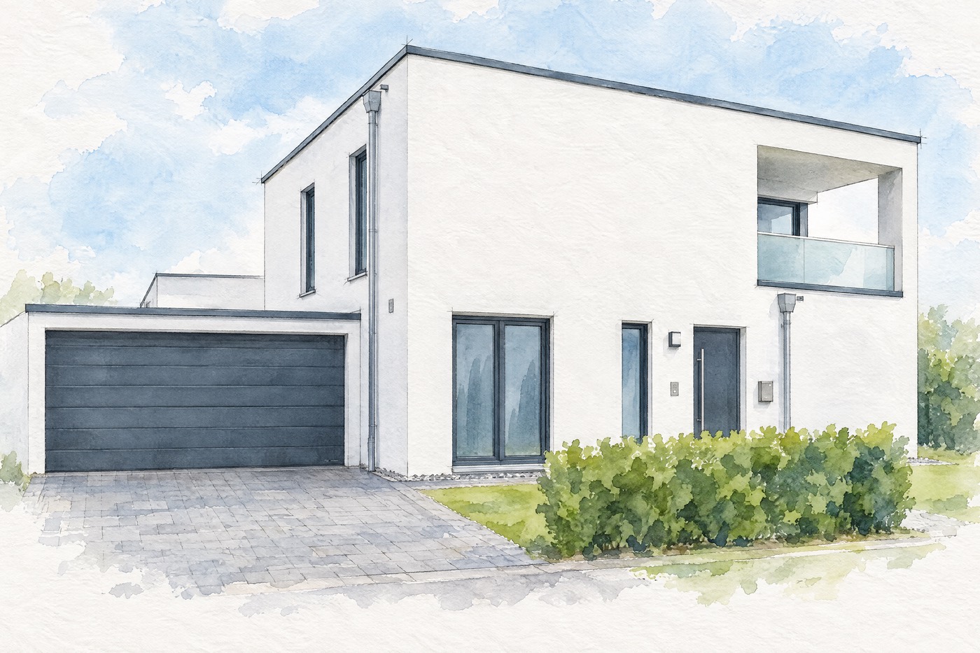 Aquarell desselben weißen Hauses ohne Mülltonnen und Schlauch