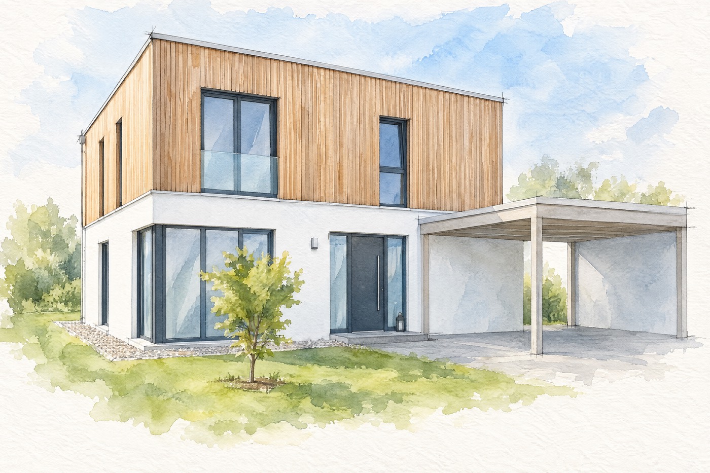 Aquarell desselben Neubaus mit leerem Carport