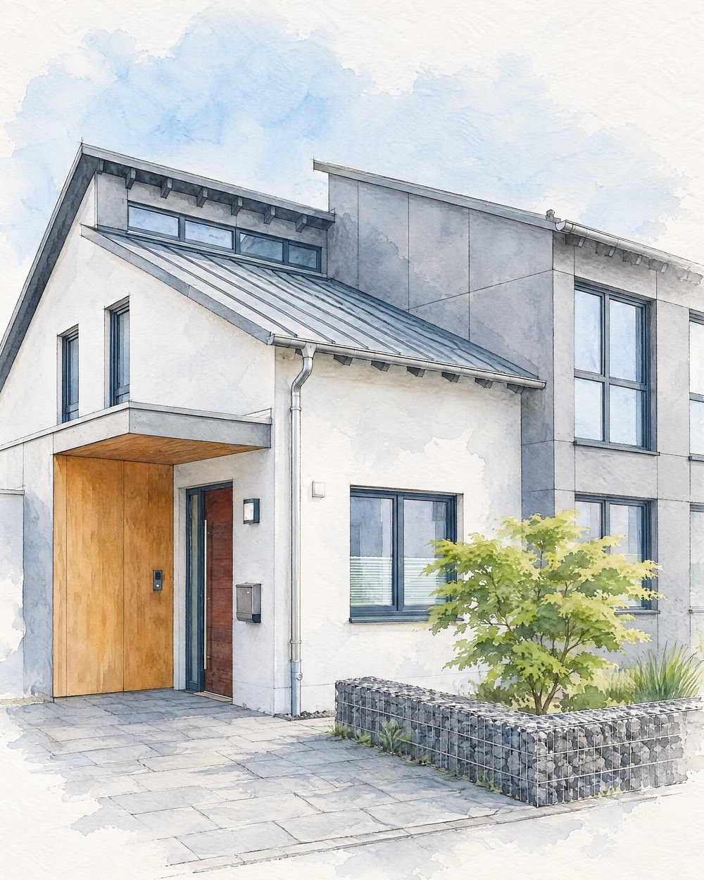 Aquarell desselben Hauses ohne Tretroller und Mülltonnen