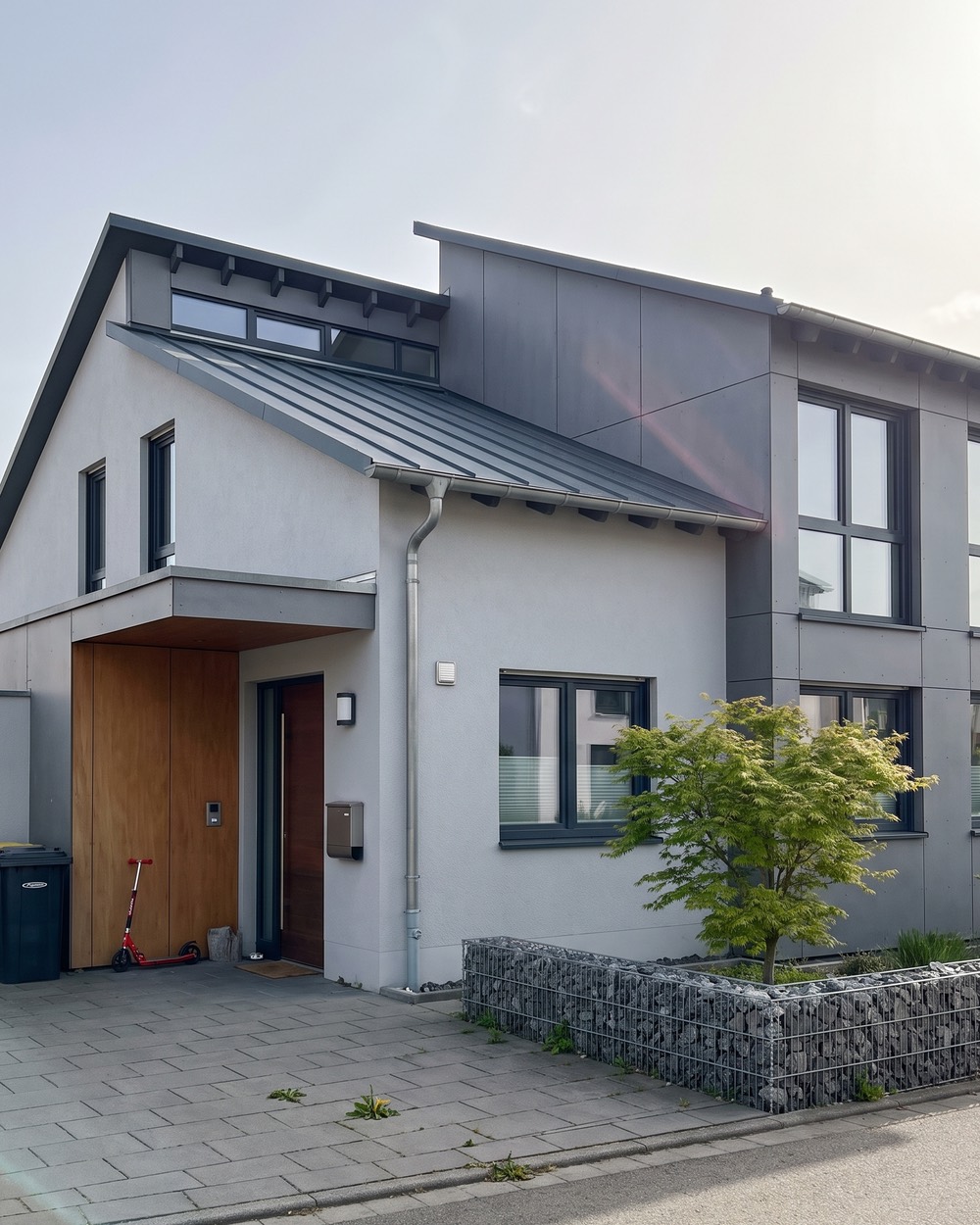 Foto eines modernen Hauses mit versetztem Pultdach und Gabionenbeet, am Eingang ein Tretroller und Mülltonnen