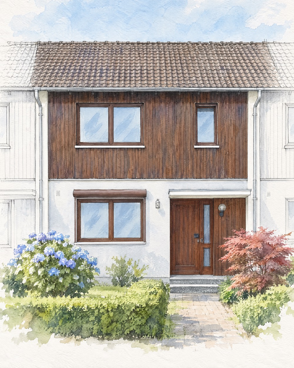 Aquarell desselben Reihenhauses, die Nachbarhäuser nur als Bleistiftzeichnung