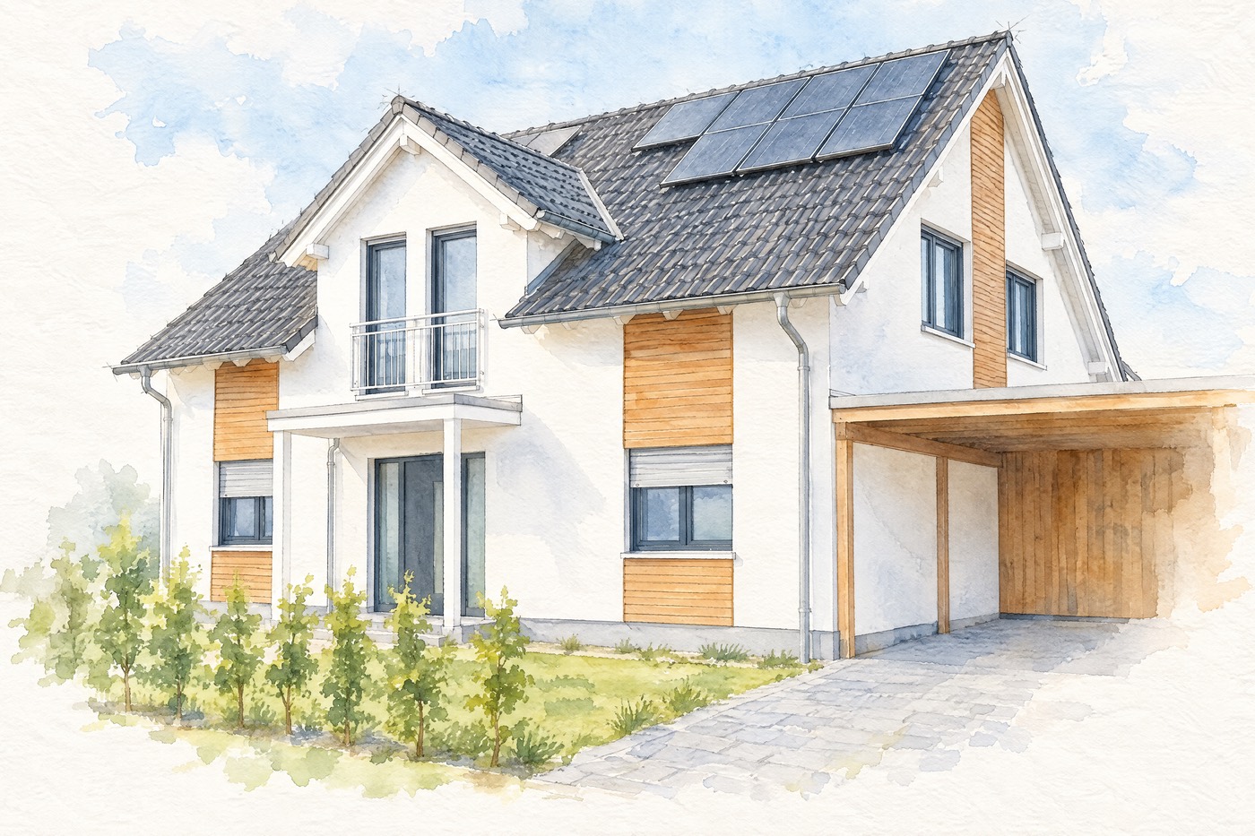 Aquarell desselben Hauses mit leerem Carport
