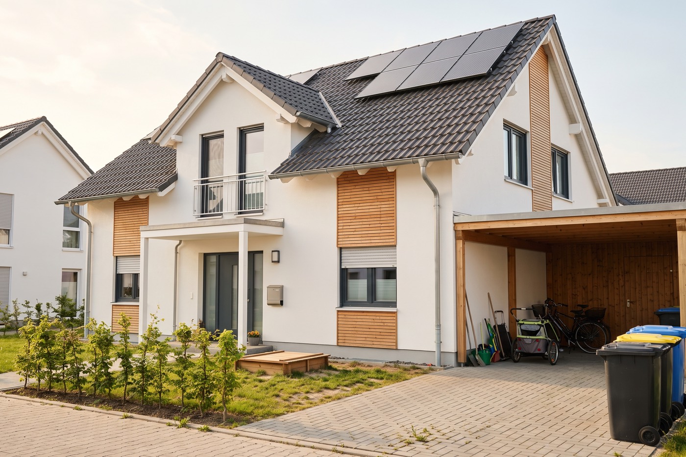 Foto eines neuen Einfamilienhauses mit Zwerchgiebel, Holzakzenten und Carport, darin Fahrräder, davor Mülltonnen und ein Sandkasten
