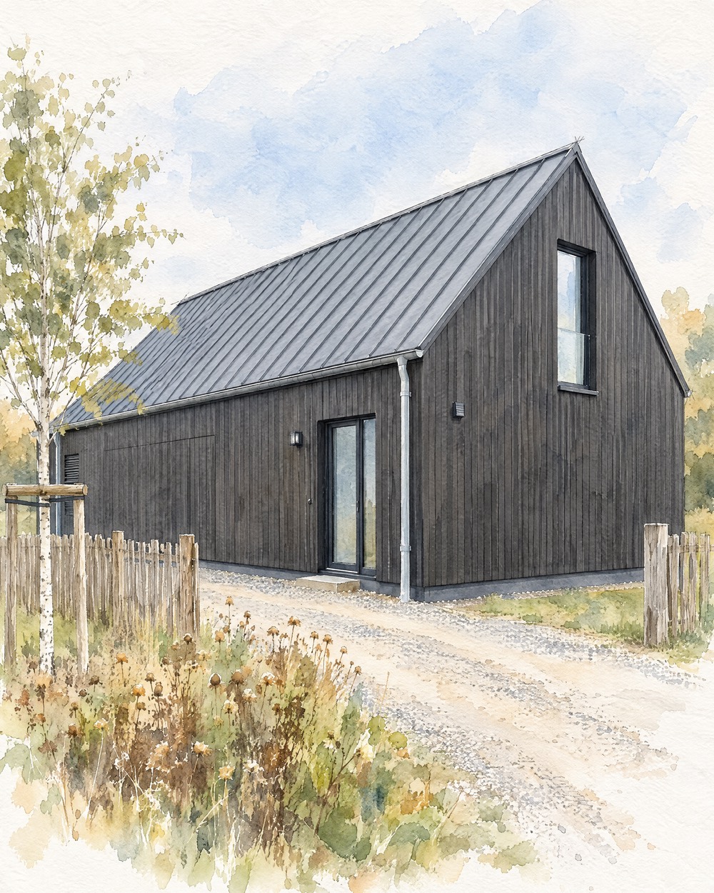 Aquarell desselben Scheunenhauses ohne Fahrrad und Mülltonne