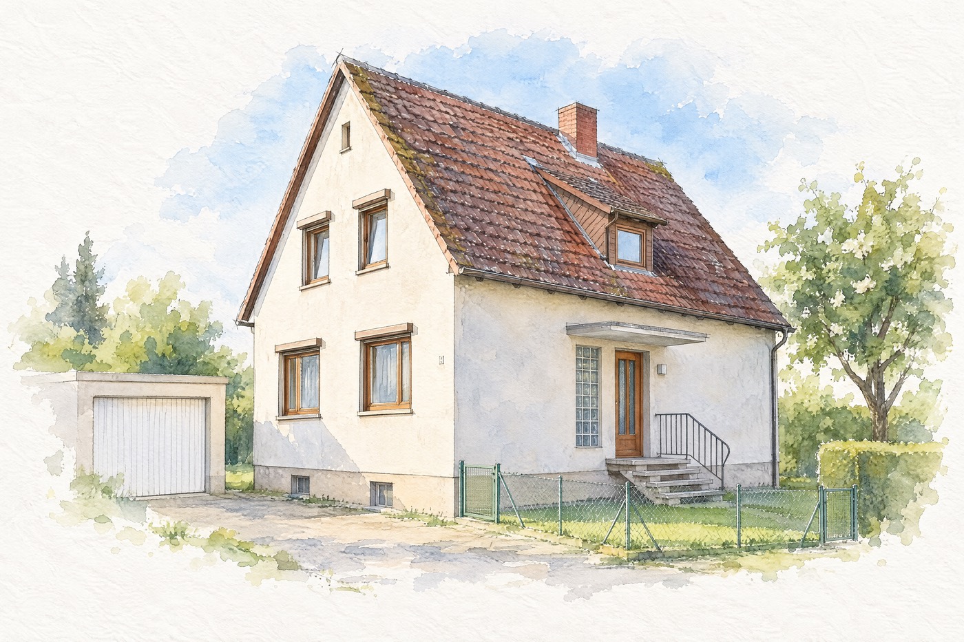 Aquarell desselben Siedlungshauses ohne Auto, Mülltonnen und Satellitenschüssel