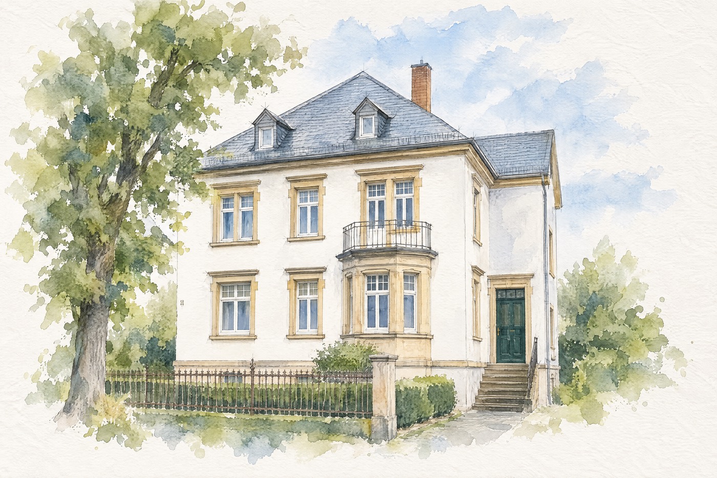 Aquarell derselben Stadtvilla, ohne Auto und Mülltonne