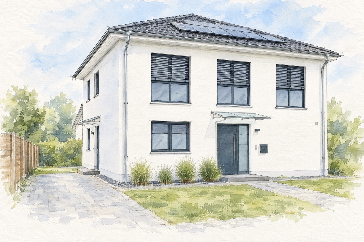 Aquarell derselben Stadtvilla, ohne Trampolin, Wärmepumpe und Mülltonnen