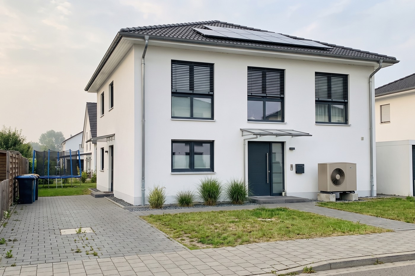 Foto einer modernen weißen Stadtvilla mit Solardach, daneben Wärmepumpe, Trampolin und Mülltonnen