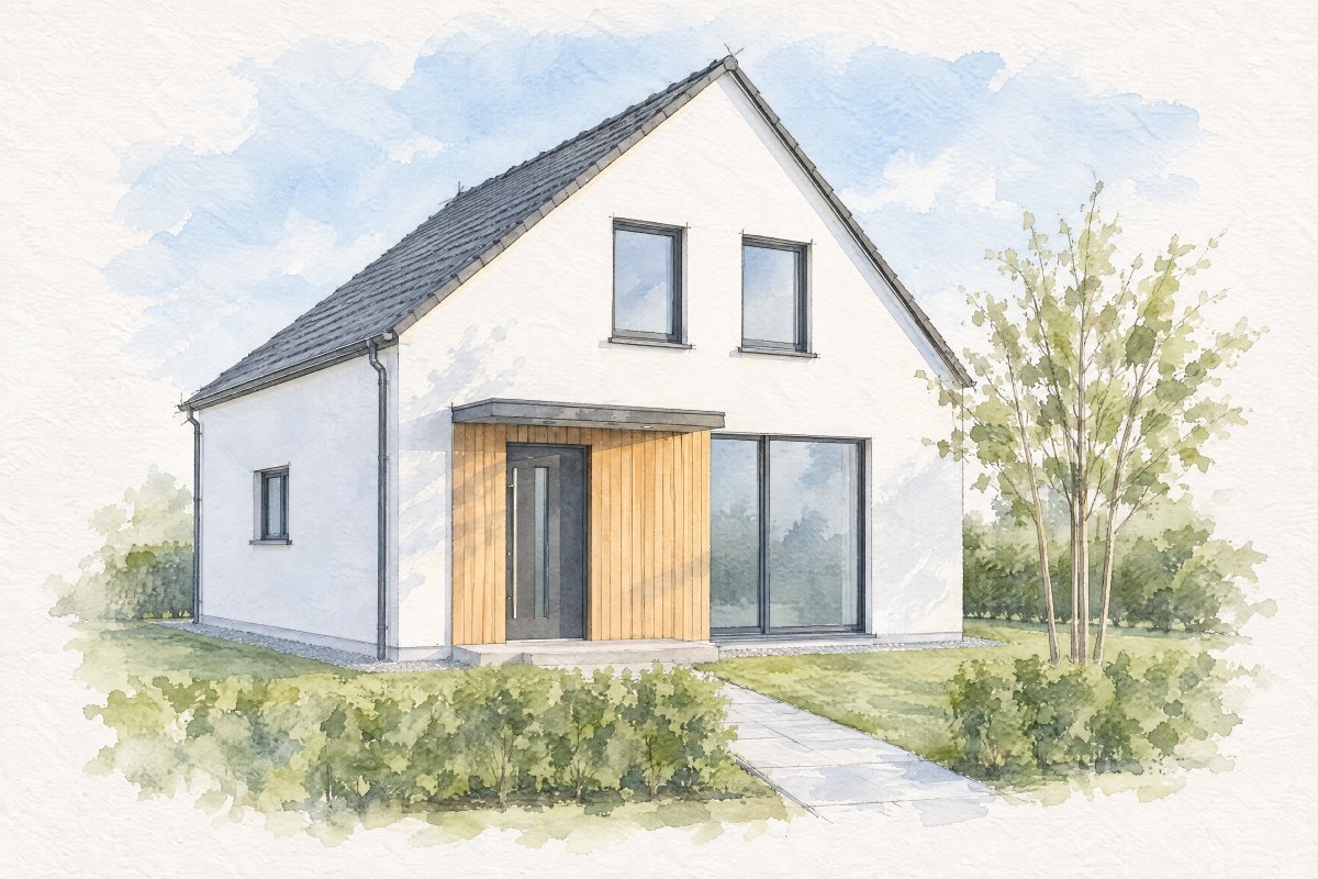 Aquarell eines weißen Hauses mit dunklem Satteldach, Holzverkleidung am Eingang und jungem Baum im Garten