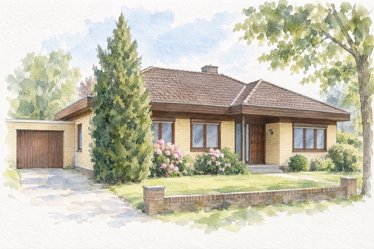 Aquarell eines Bungalows mit gelbem Klinker und Walmdach im weißen Rahmen, als Beispiel