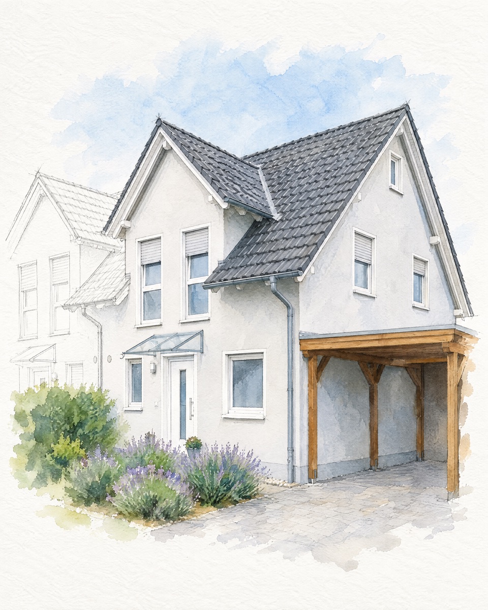 Aquarell einer Doppelhaushälfte mit grauem Putz und Holzcarport, die Nachbarhälfte nur in Bleistift