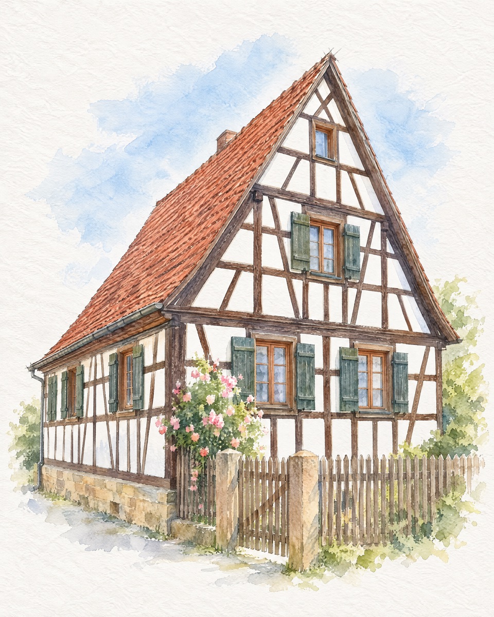 Aquarell eines Fachwerkhauses mit rotem Ziegeldach, grünen Fensterläden und Rosen am Zaun