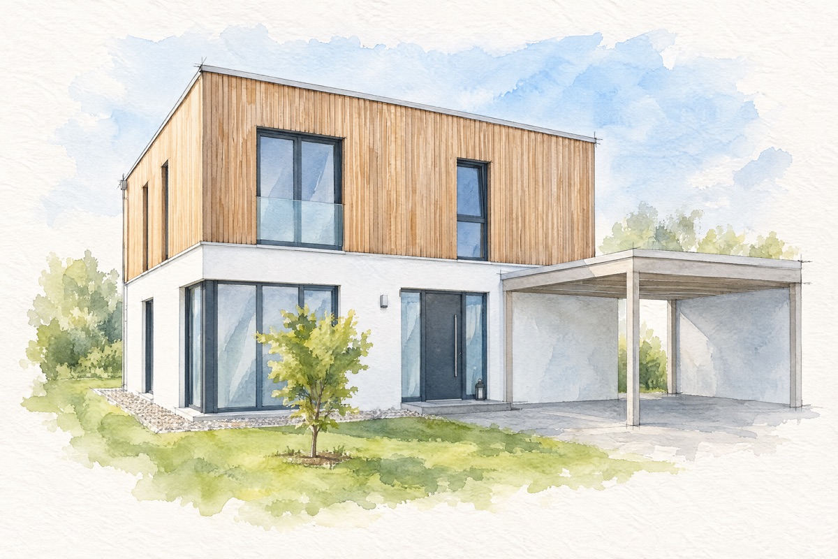 Aquarell eines modernen Neubaus mit Flachdach, Holzfassade und Carport
