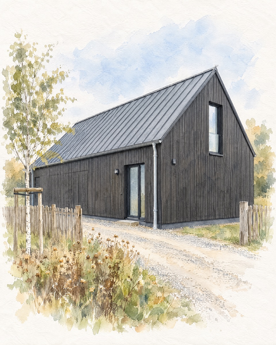Aquarell eines Scheunenhauses mit schwarzer Holzfassade, Blechdach und junger Birke