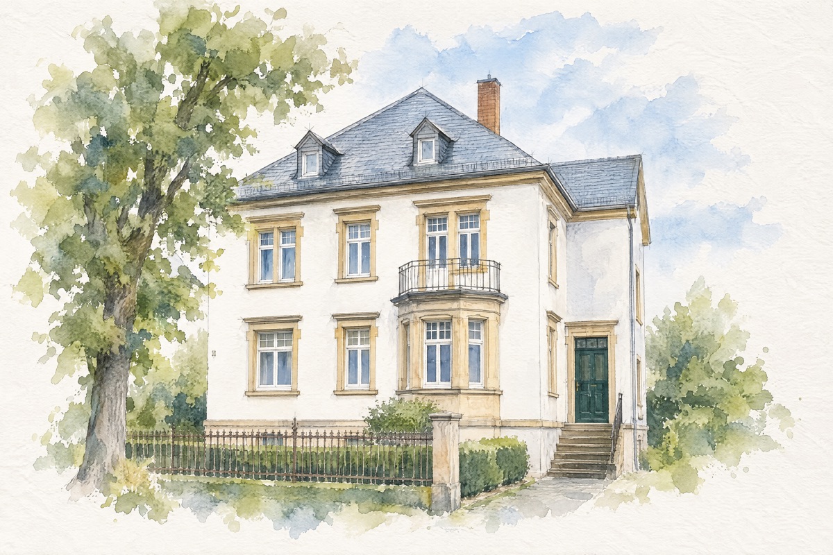 Aquarell einer weißen Stadtvilla mit Schieferdach, Erker und grüner Haustür