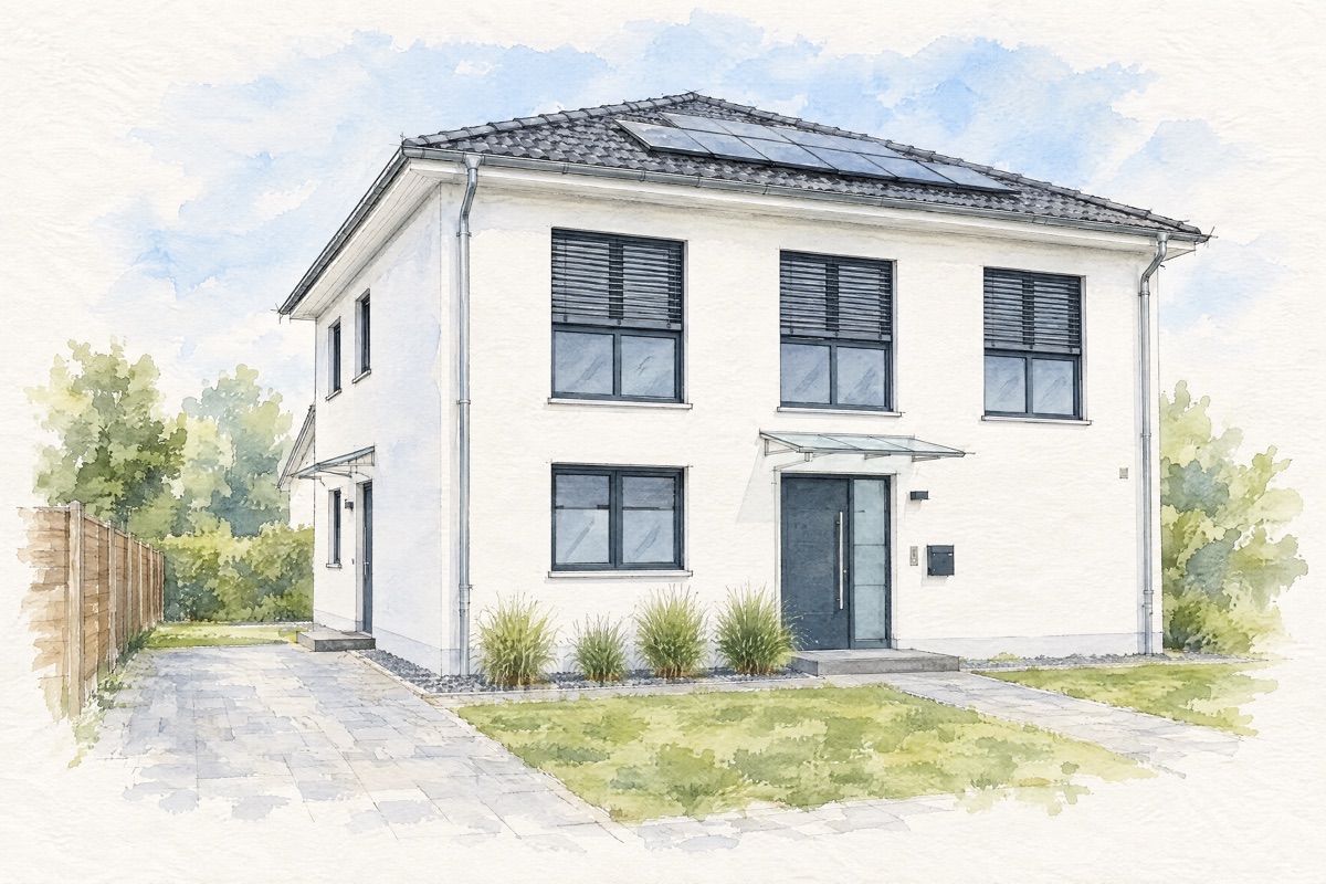 Aquarell einer modernen weißen Stadtvilla mit flachem Walmdach, Solarmodulen und Glasvordach