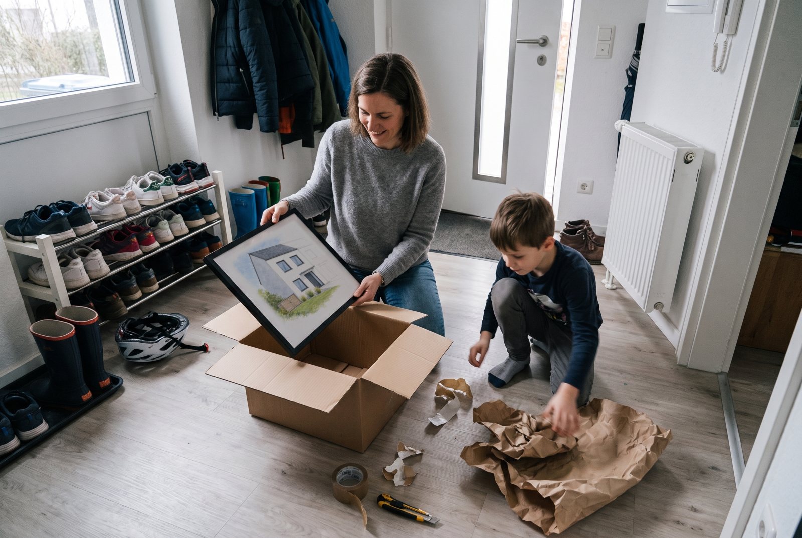 Frau kniet im Flur neben einem Paket und hebt ein schwarz gerahmtes Aquarell ihres neuen Reihenhauses heraus, ihr Sohn wühlt im Packpapier