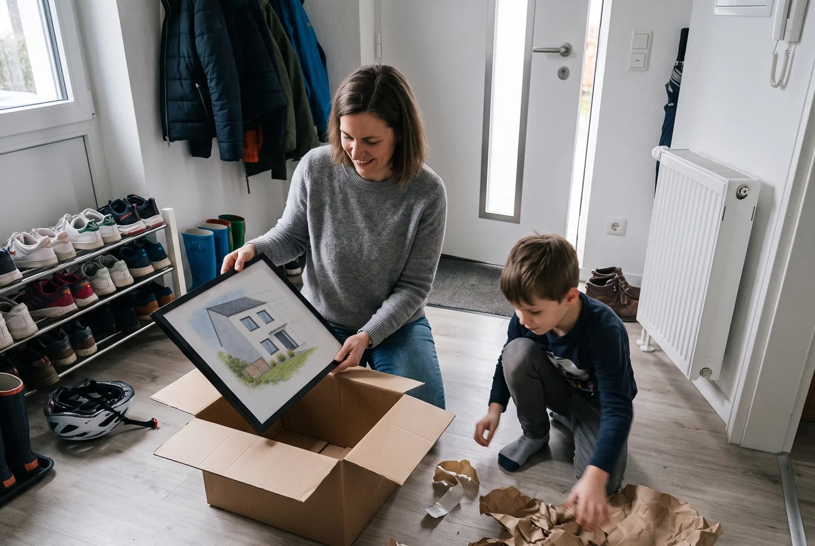 Frau kniet im Flur neben einem Paket und hebt ein schwarz gerahmtes Aquarell ihres neuen Reihenhauses heraus, ihr Sohn wühlt im Packpapier
