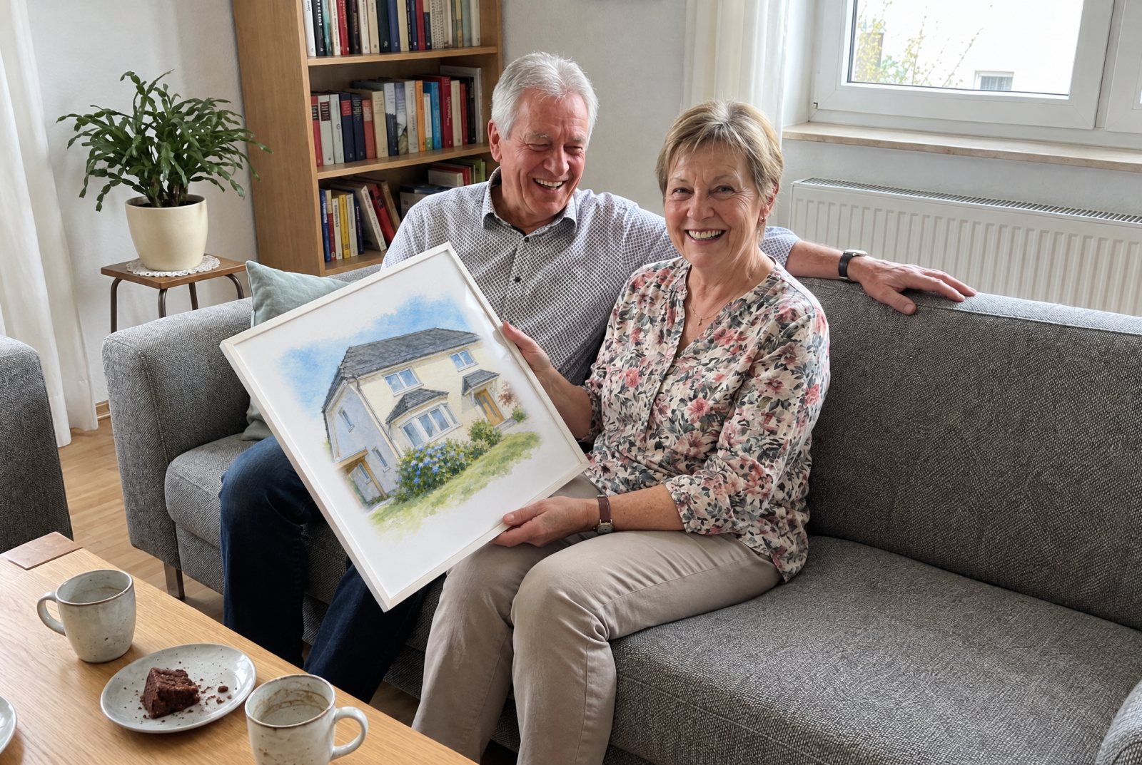 Älteres Paar auf dem Sofa lacht, sie hält ein weiß gerahmtes Aquarell ihres Hauses mit Krüppelwalmdach
