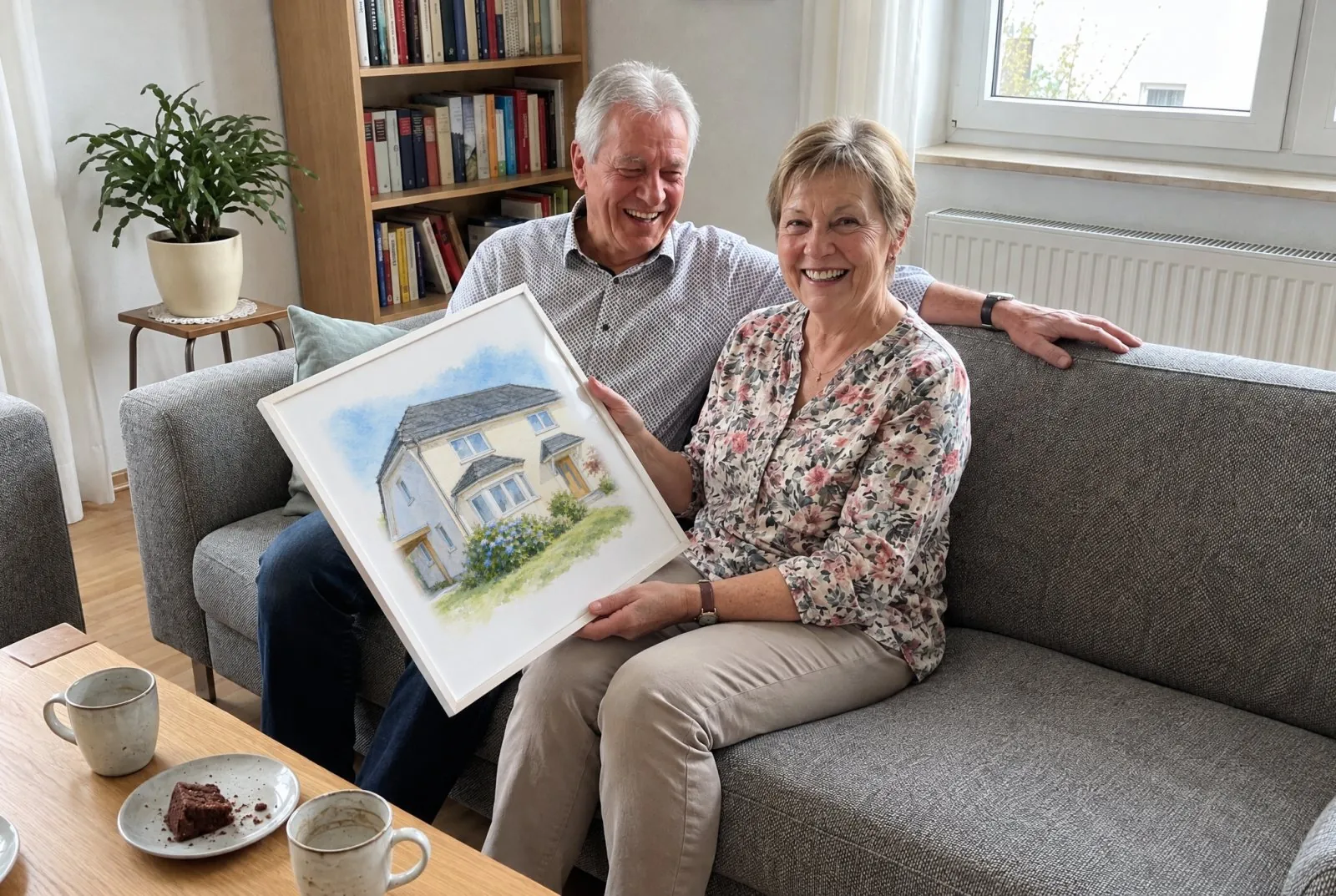 Älteres Paar auf dem Sofa lacht, sie hält ein weiß gerahmtes Aquarell ihres Hauses mit Krüppelwalmdach