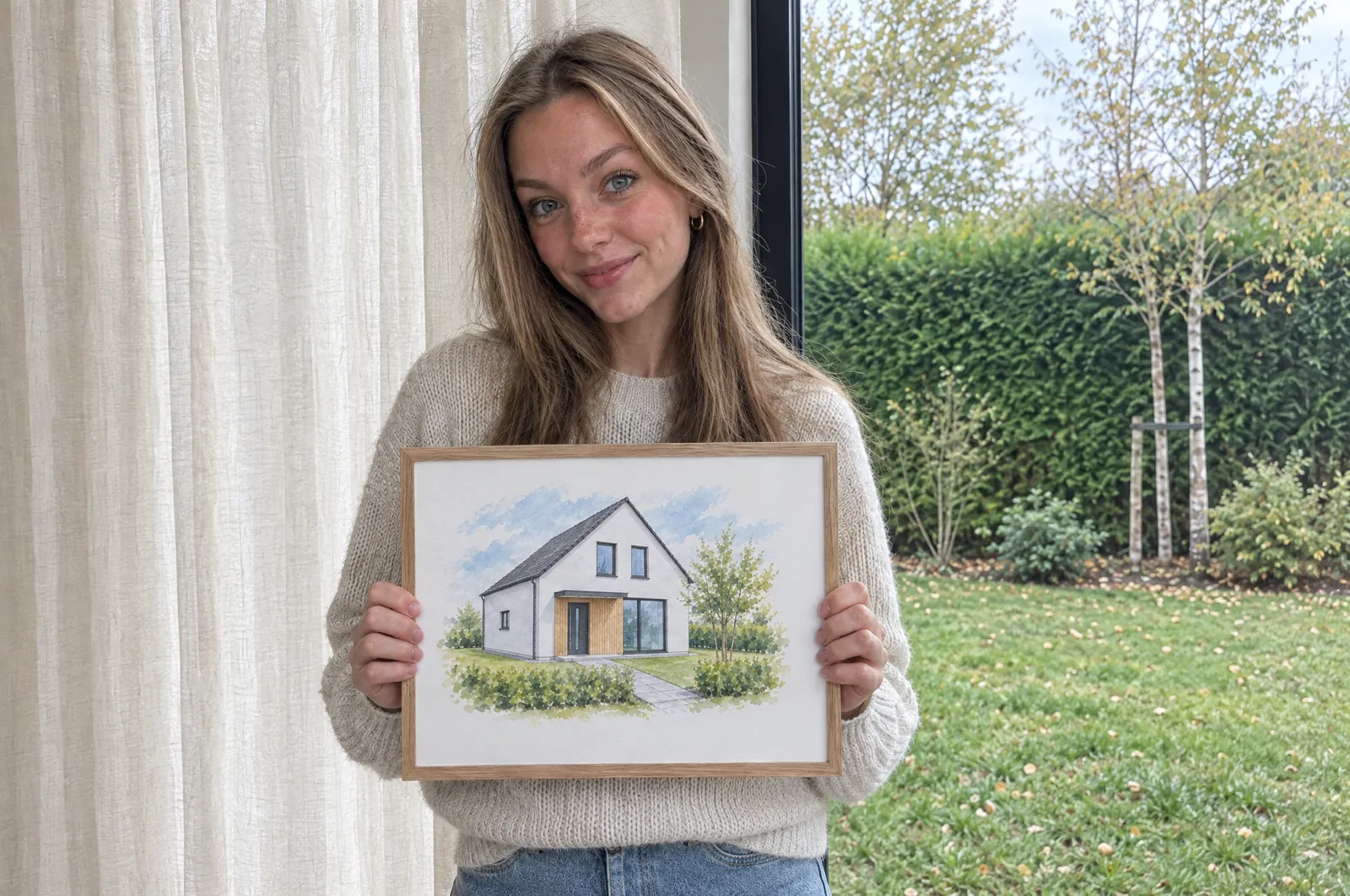 Junge Frau am Fenster zum Garten vor einem Leinenvorhang hält ein Aquarell ihres neuen Hauses im Eichenrahmen