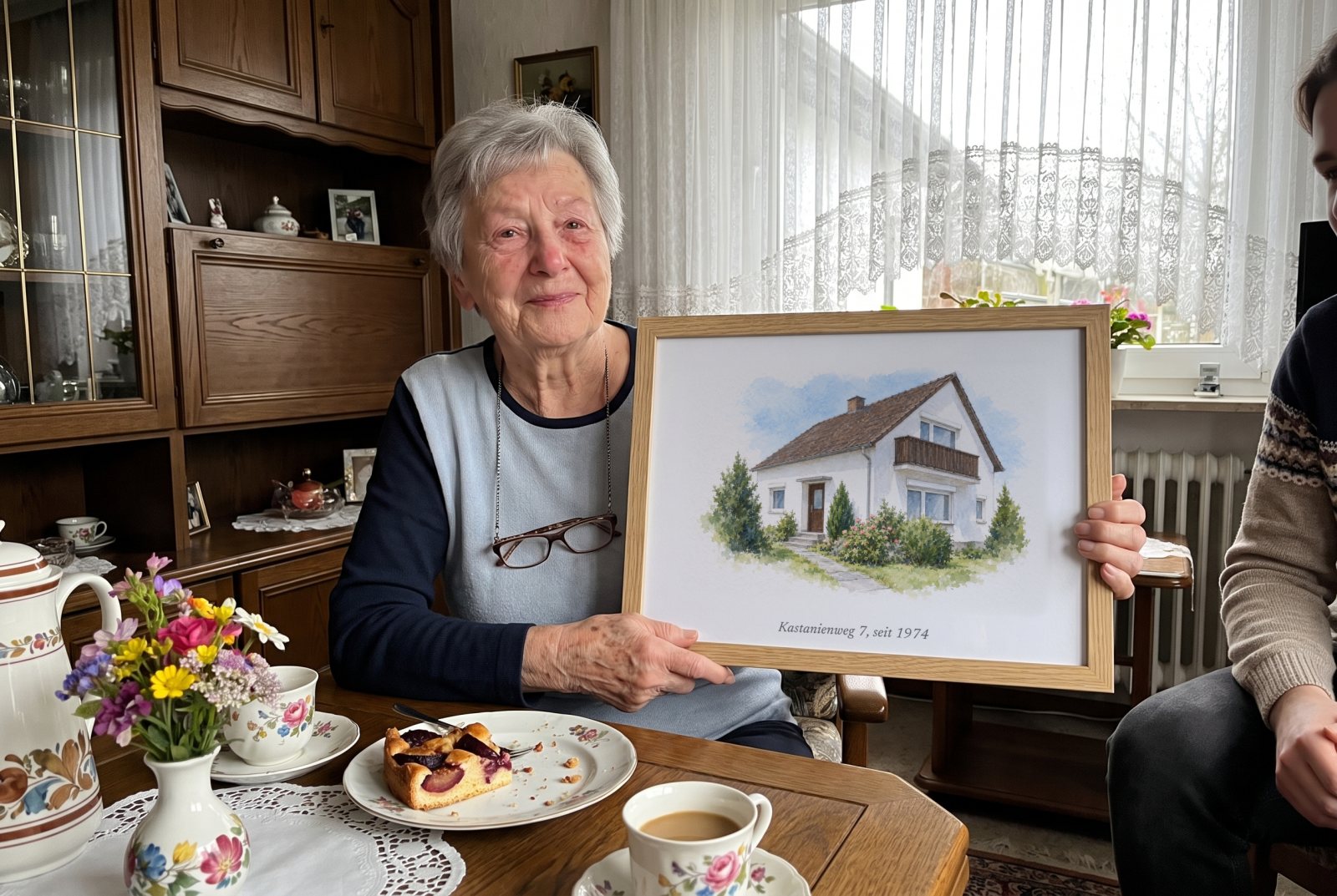 Ältere Frau am Kaffeetisch mit Pflaumenkuchen hält ein gerahmtes Aquarell ihres Hauses aus den Siebzigern