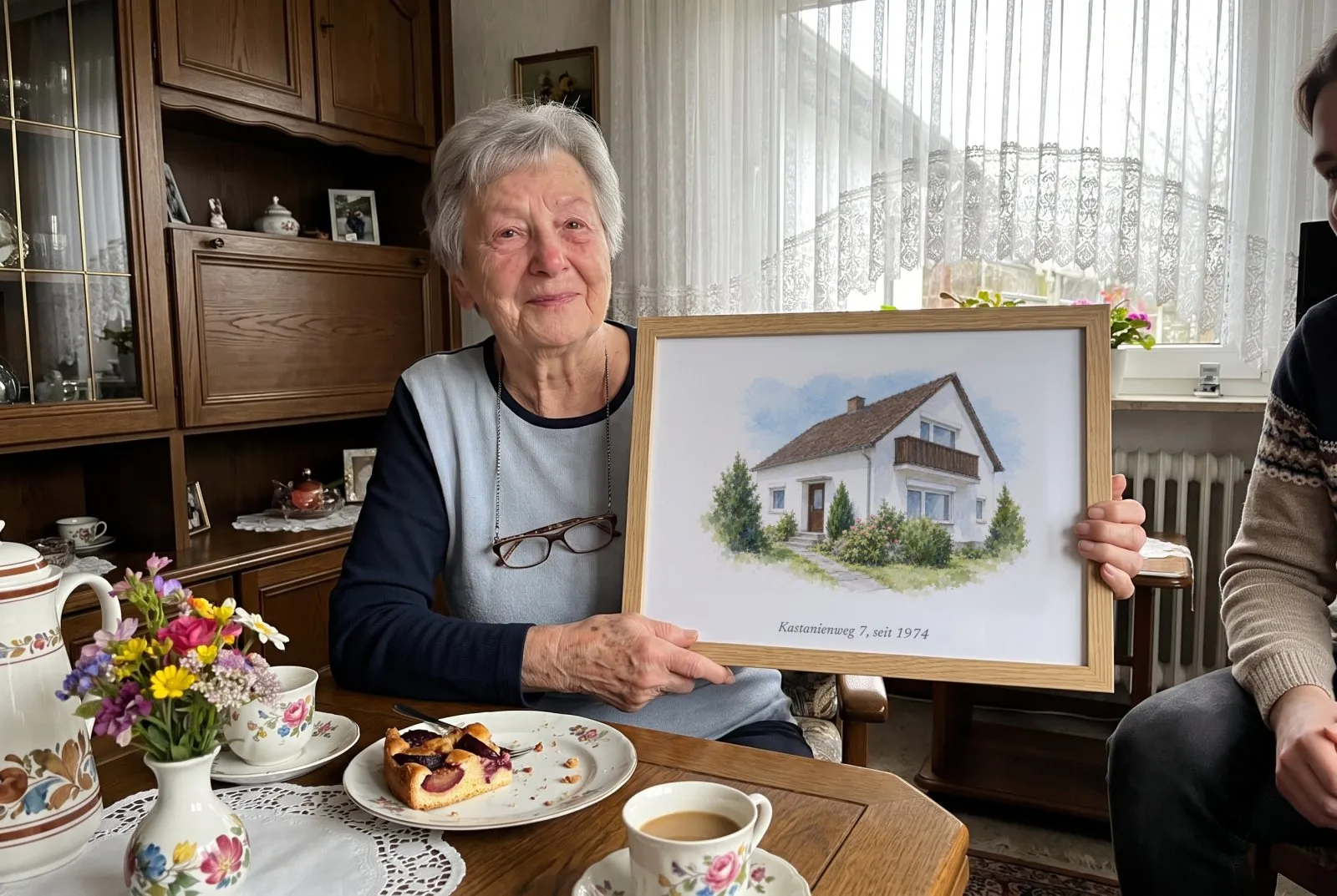 Ältere Frau am Kaffeetisch mit Pflaumenkuchen hält ein gerahmtes Aquarell ihres Hauses aus den Siebzigern