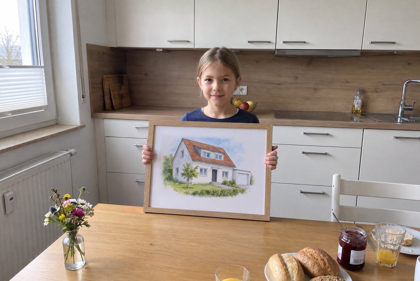 Mädchen am Frühstückstisch in der Küche hält ein gerahmtes Aquarell des Hauses ihrer Familie