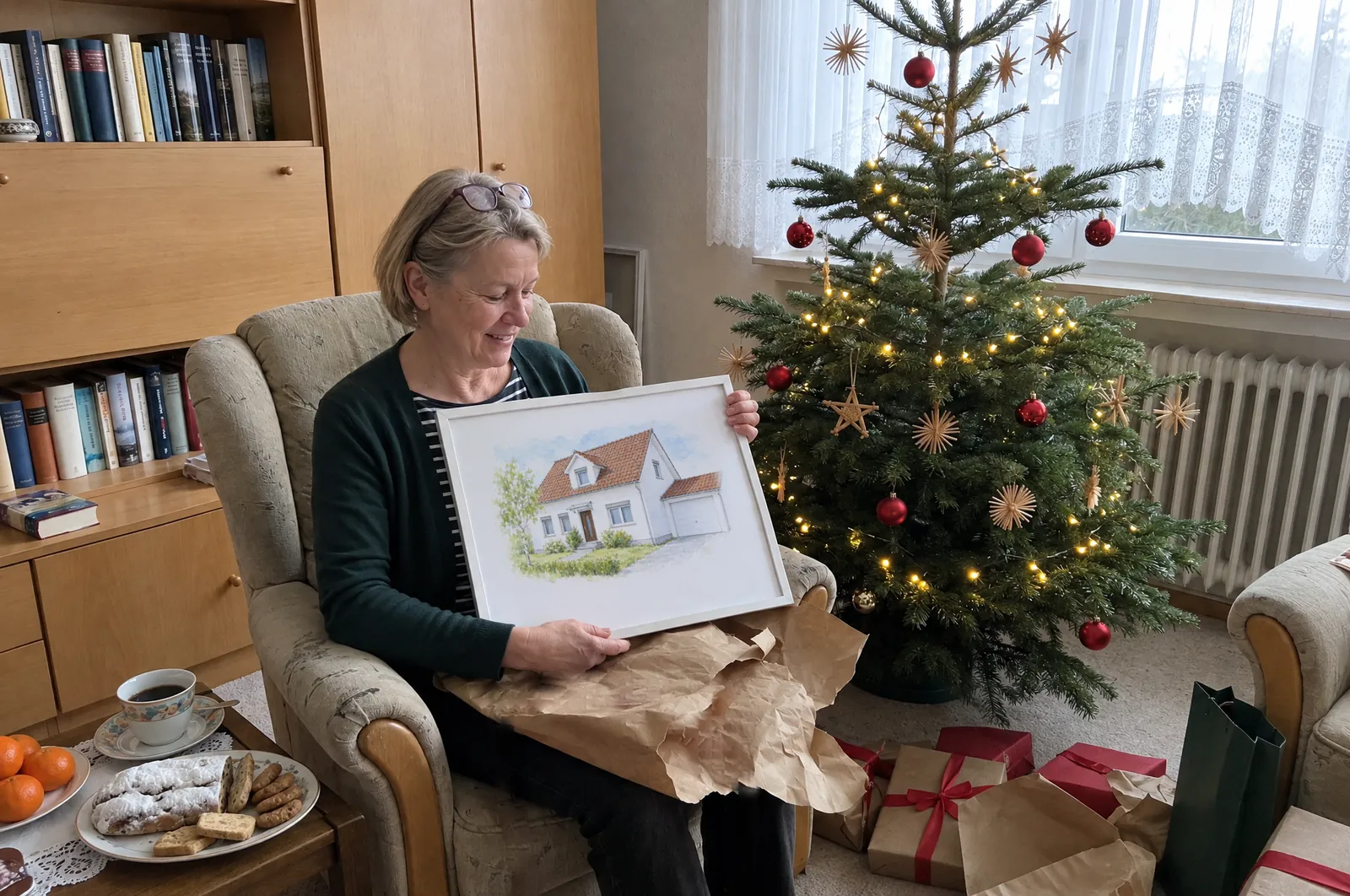 Frau im Sessel neben dem Weihnachtsbaum packt ein weiß gerahmtes Aquarell ihres Hauses aus dem Packpapier aus